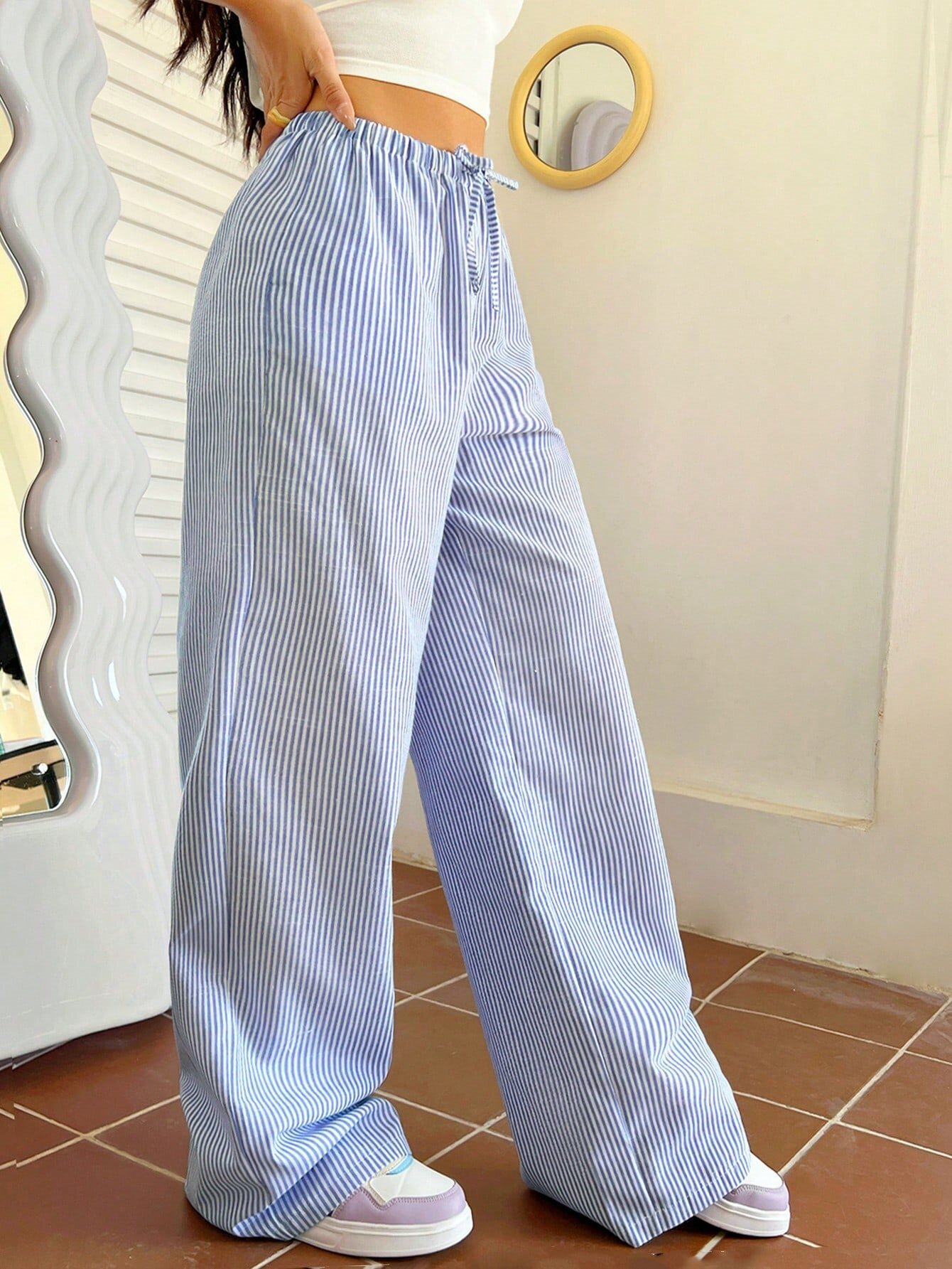 2025 Summer New Korean Blue Striped Drawstring High Waist Laid-back Loose Slimming Casual Pants for Women