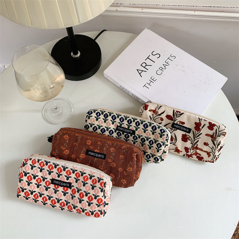 [in stock] 11271 corduroy retro art pencil case ins Japanese students cosmetic bag storage finishing bag