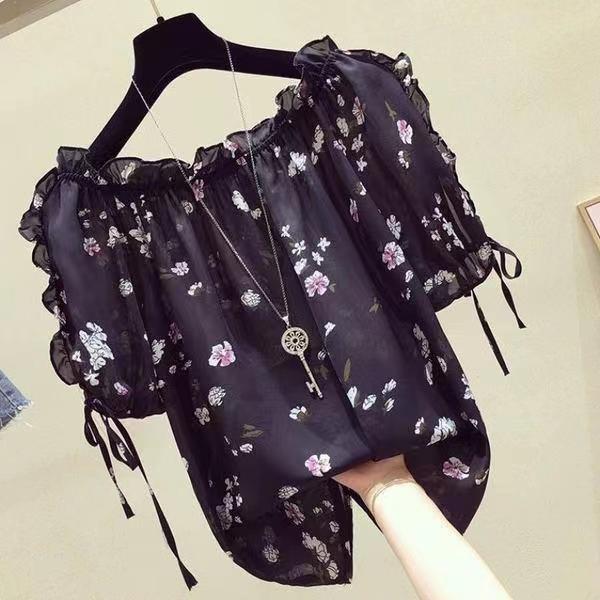 2024 New Korean Style One-Shoulder Top Women's Short-Sleeved Korean Style Loose and Sweet Belly-Covering Shoulder Floral Chiffon Shirt
