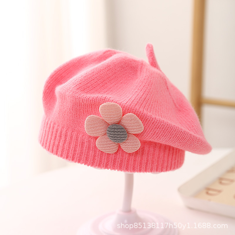 Picture of Baby hat autumn and winter baby girls' cute flower beret children's wool hat girls' knitted painter hat fashion