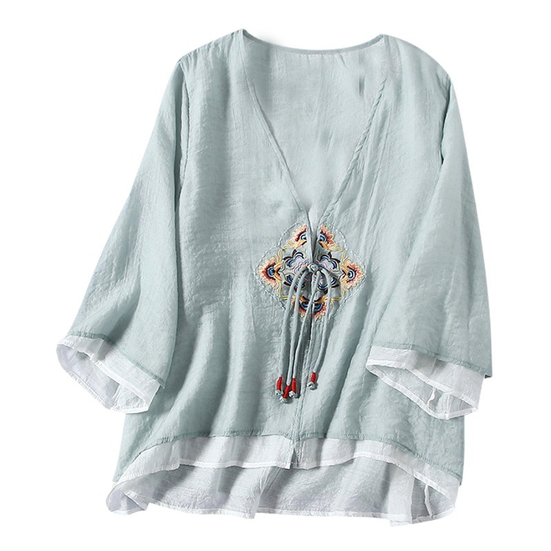 Chinese Style Retro Tea Suit Spring and Summer Cotton and Linen Rhombus Flower Ribbon Single Buckle Double Layer Three-Quarter Sleeve Cardigan for Women Trendy