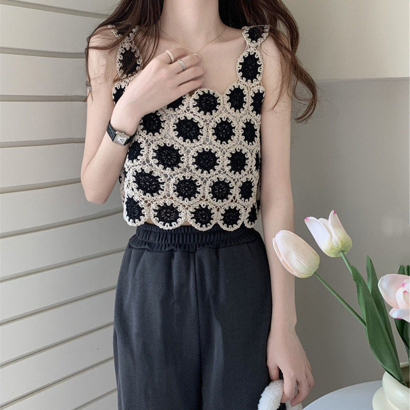 July New Sunflower black pink Pullover Simple Short black Color Blocked Vest Sling Beach F-20