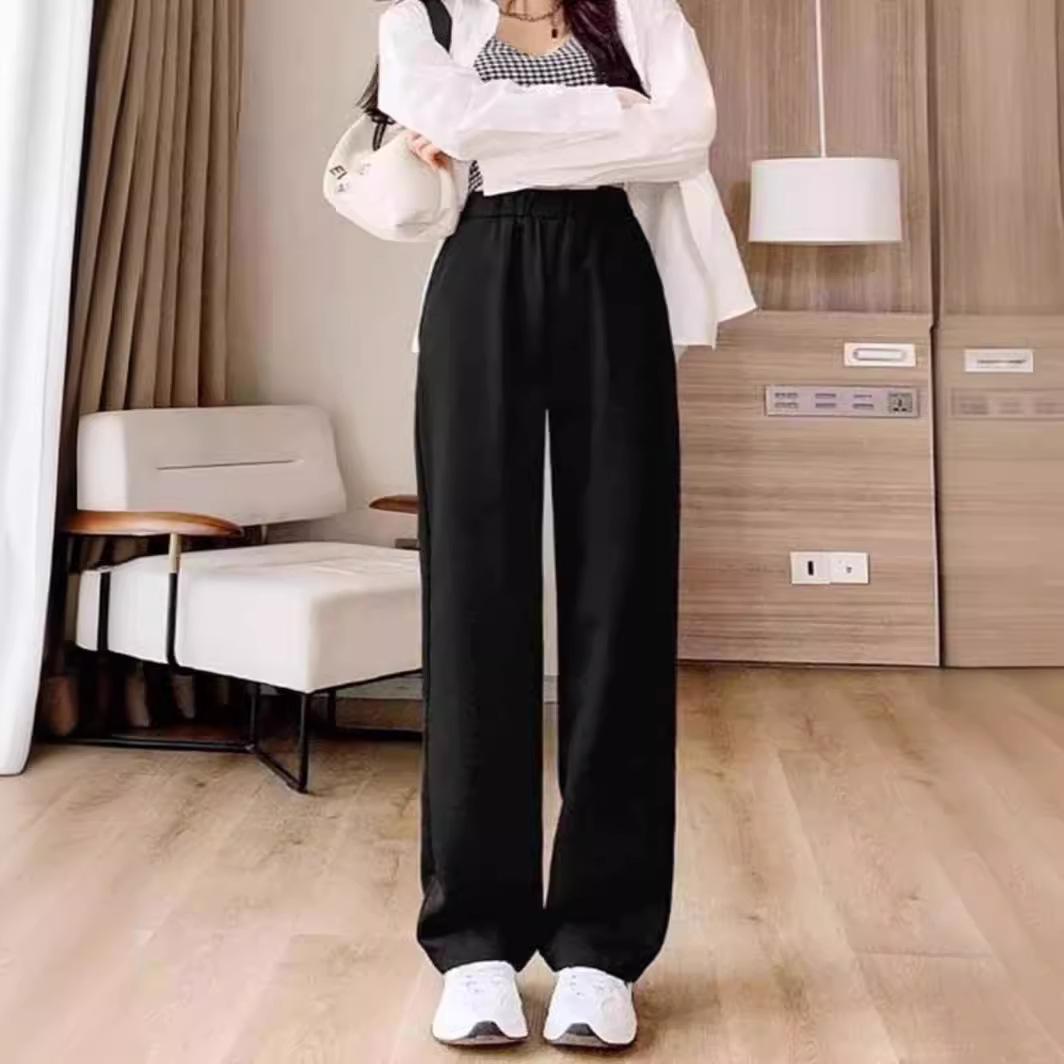 Black Dress Pants Women's 2025 Spring Design Sense Draped Loose Wide-leg Pants High Waist Casual Straight Long Pants