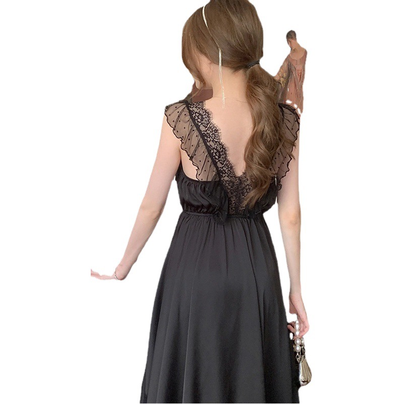 Sexy Lace Ice Silk Nightgown Women's Summer Backless Sling V-neck High-end Internet-style Pajamas Pure Desire Nightgown