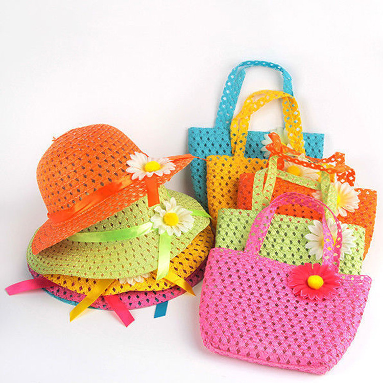 Picture of New Sunflower Children's Straw Hat Handbag Set Girls Straw Sun Hat Beach Hat Wholesale