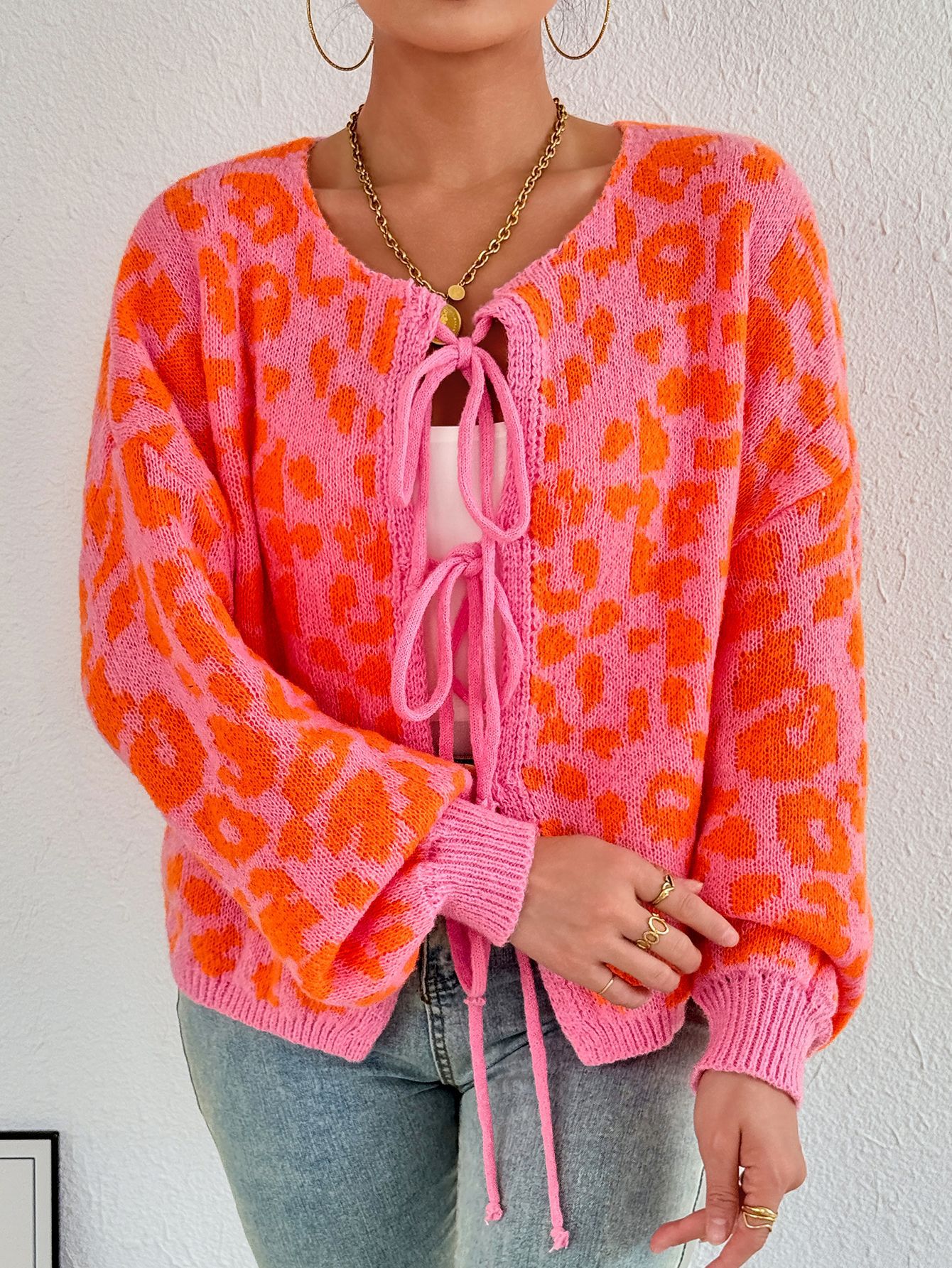 Picture of Cross-border Amazon Fall/Winter New Vintage Leopard Bow Lace-up Cardigan Jacket Crew Neck Long Sleeve Loose Sweater