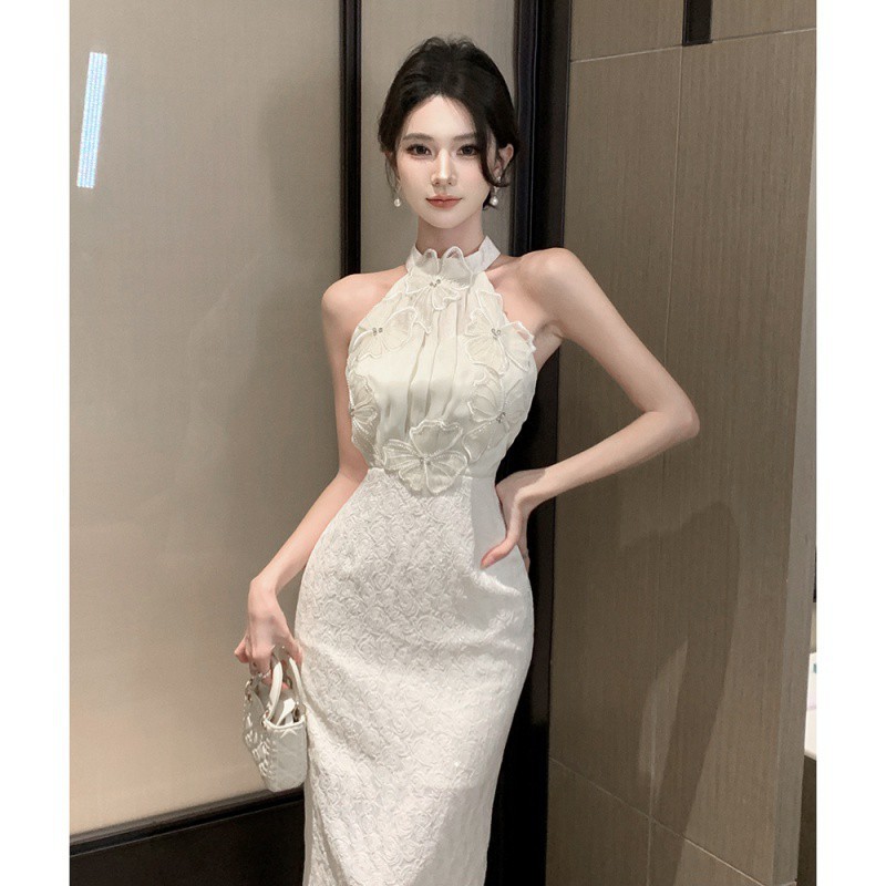 Slim-fit Hip-wrap Travel Party Dress Cross-border Temperament Socialite Neck-hanging Petal Stitching Dress