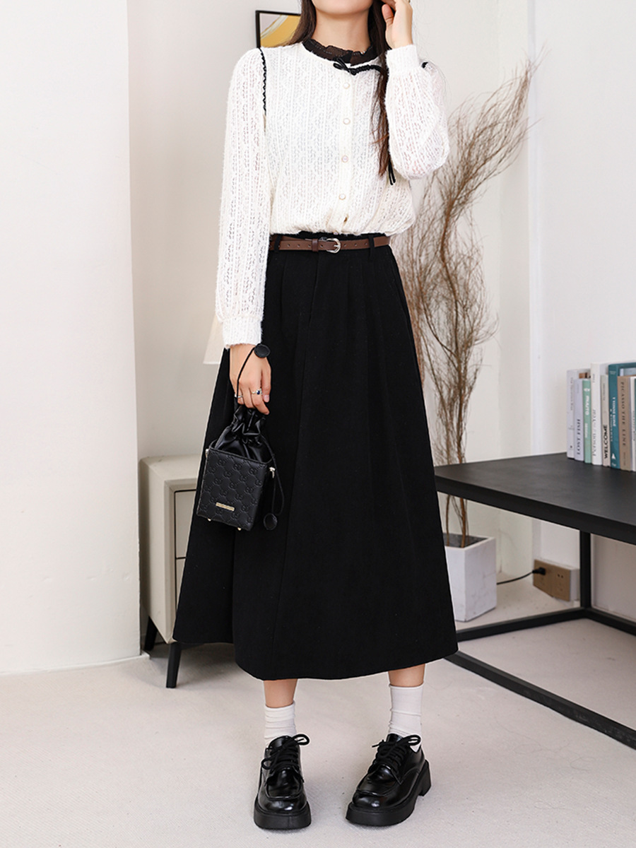 Picture of Maillard Retro Corduroy Skirt for Women, Autumn and Winter Khaki Casual Style with Belt, Mid-Length Pleated A-Line Skirt