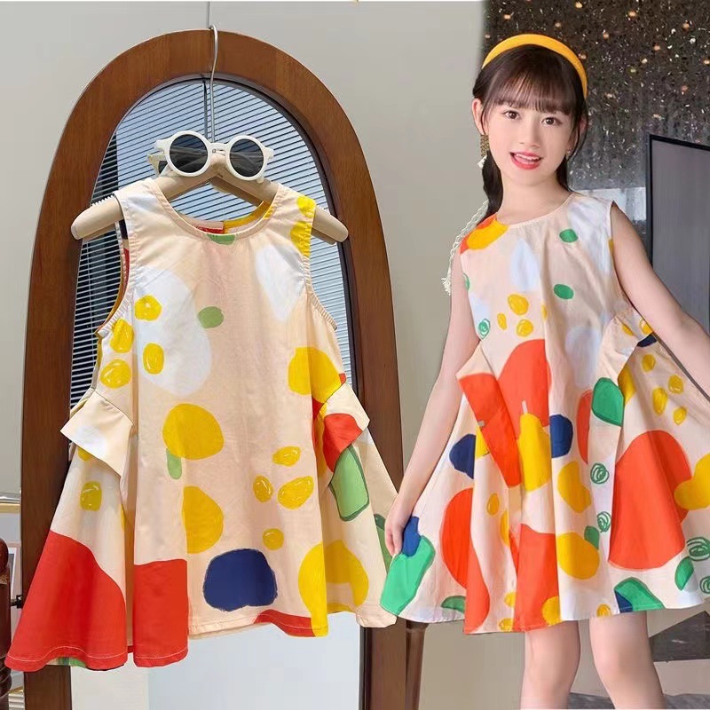 Girls' Dress Summer 2023 New Style Middle and Large Children's Internet Popular Vests Dress Mori Style Girl's Colorful Skirt Cool