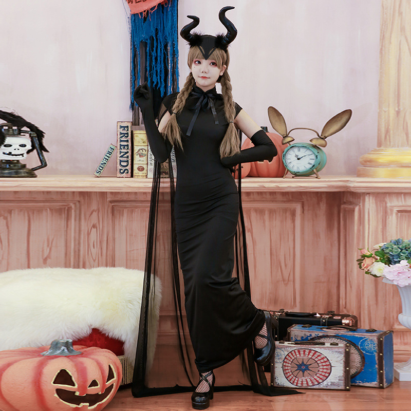 Halloween adult costume vampire witch ghost bride dress sexy cheongsam veil demon zombie dress long dress Black
