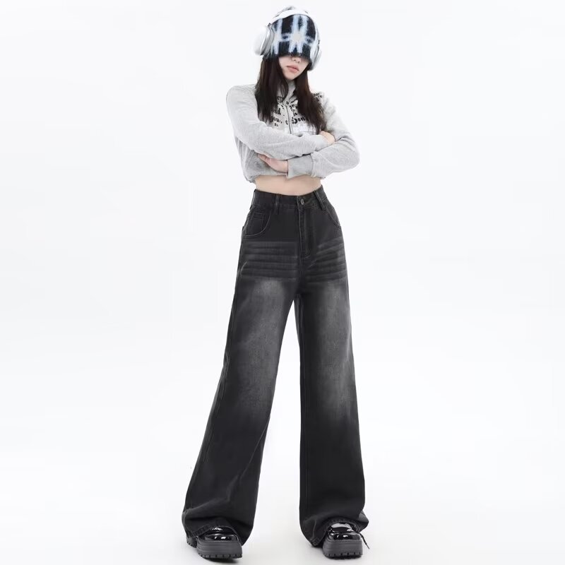 American-style vibe multi-pocket black gray overalls jeans women's 2024 new high waist loose wide leg trendy floor pants