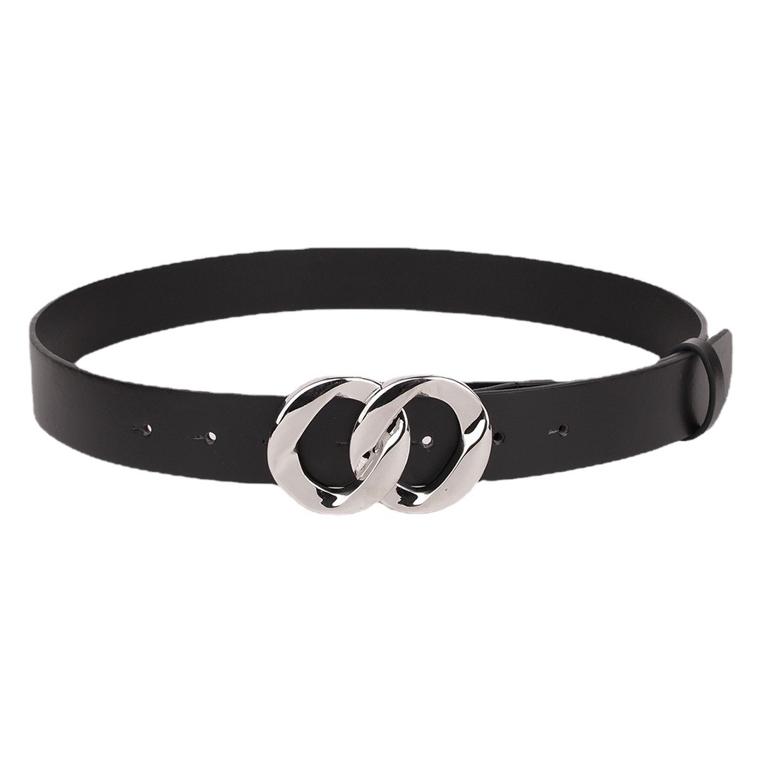 New double loop chain buckle basic black smooth PU belt ladies cross-border hot-selling all-match in stock belt