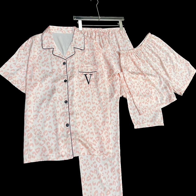 Romantic three-piece pink leopard print pajamas women's spring and summer short-sleeved trousers artificial silk plus size home wear artificial silk