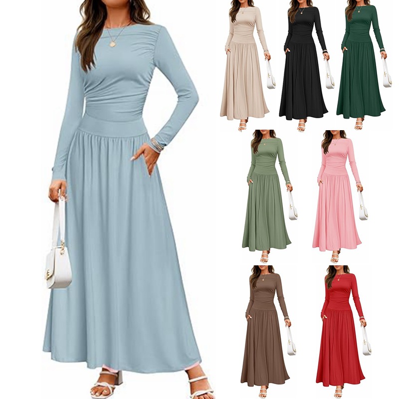 2025 European and American Export Cross-Border Women's Clothing Amazon Round Neck Pleated Flap Pocket Pants Slim Long-Sleeved Knitted Dress