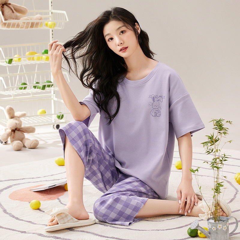 Women's Summer Short-Sleeved Pajamas with Breast Pads, Cropped Pants Suit for Girls, Large Size Casual Wearable Home Clothes