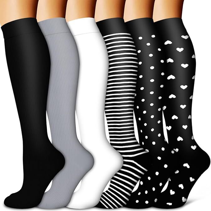 6 Pairs of Compression Socks for Men and Women, Sequential Support Knee-High Socks Suitable for Running, Sports, Hiking, Cycling, Pressure Socks