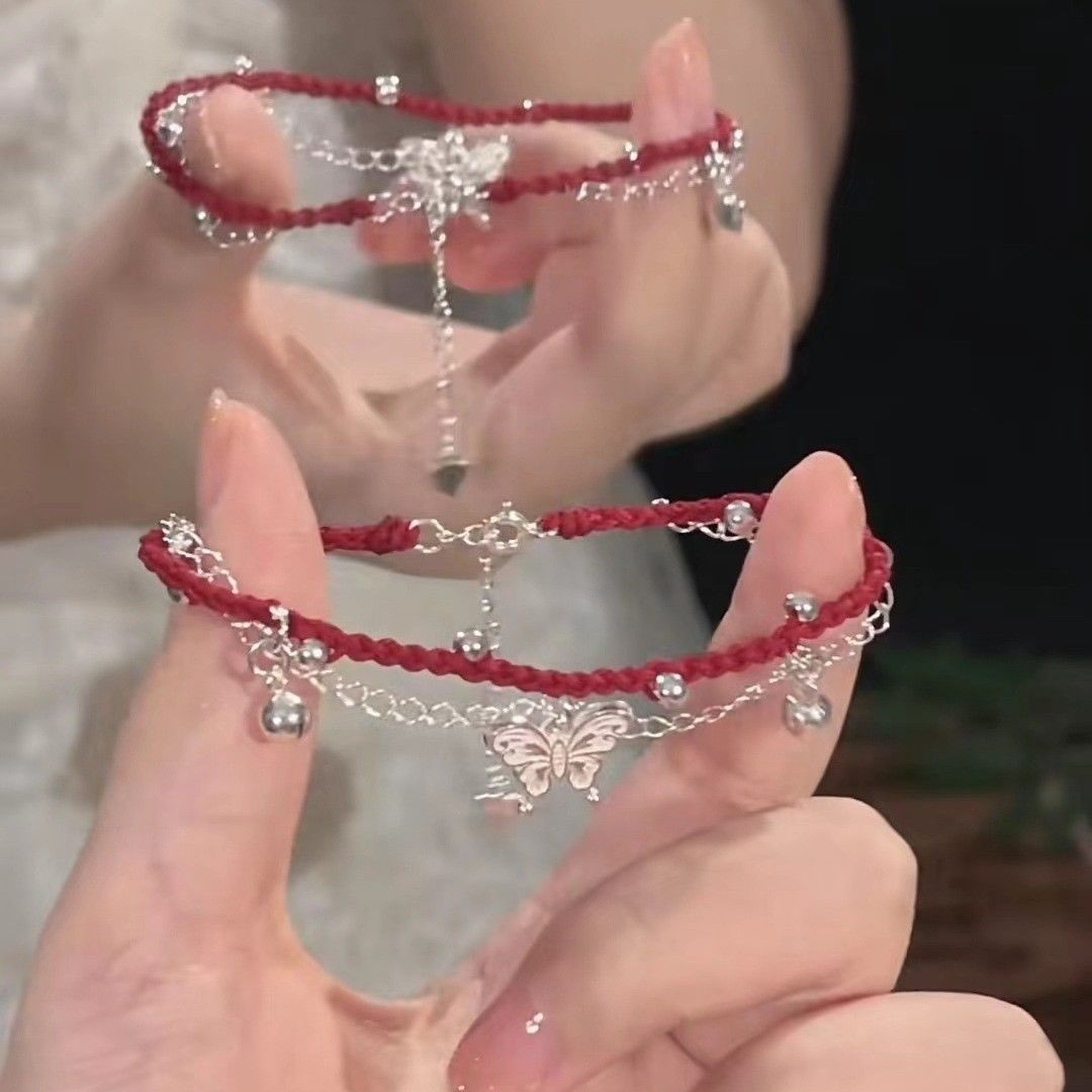 Miao Jiang Chinese Style Girl's Red Rope Butterfly Bell Bracelet Benmingnian High-grade Fine Hand Rope Hand-woven Bracelet