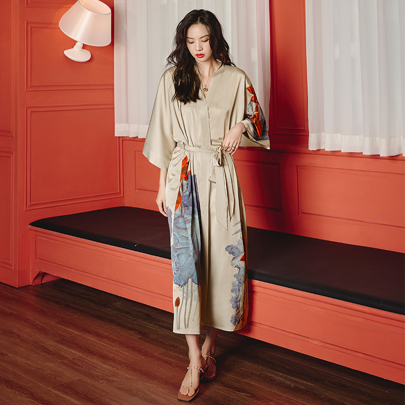 Picture of Yaoting Satin Printed Pajamas for Women Summer Large Size Accessible Luxury Three-Quarter Sleeves Cool Long Nightgown Home Wear Women Wp2669