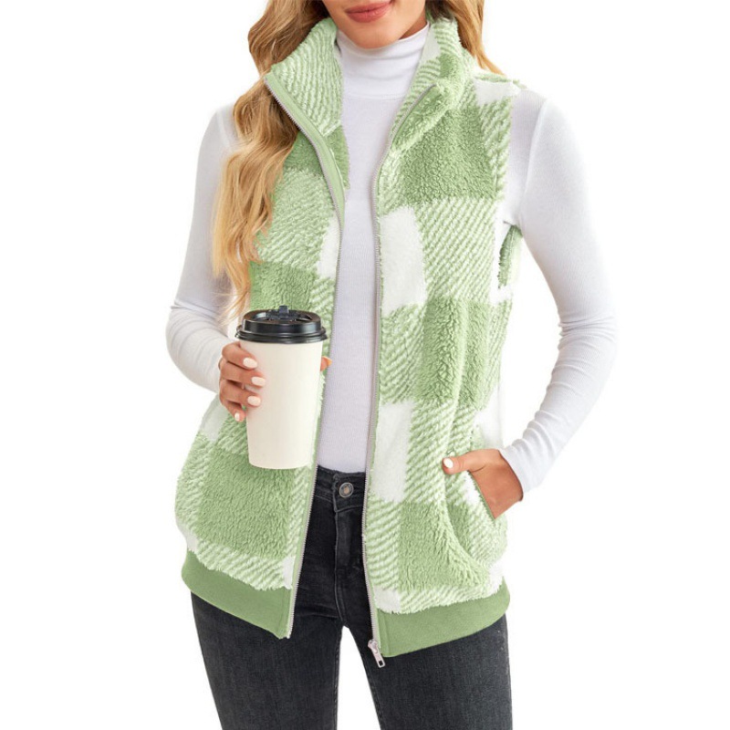 Picture of Spring and Autumn Coat Spring and Autumn Plaid Comfortable Velvet Cardigan Stand Collar Vest Coat Cross-border Women's Clothing