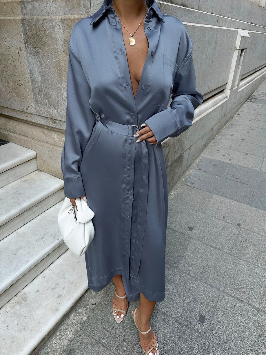 Haze blue waist slim satin sexy split dress 2024 European and American autumn and winter fashion cross-border wholesale dress