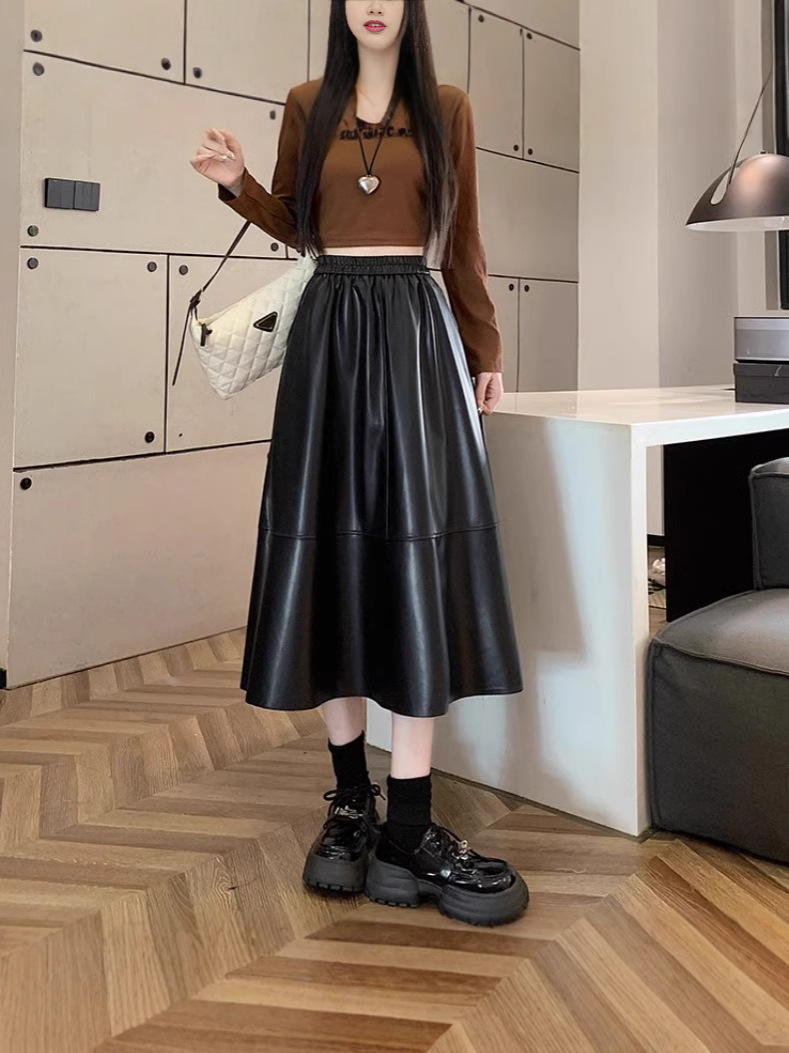 elastic waist black pu leather skirt women's autumn and winter loose slim mid-length skirt high waist A- line large umbrella skirt
