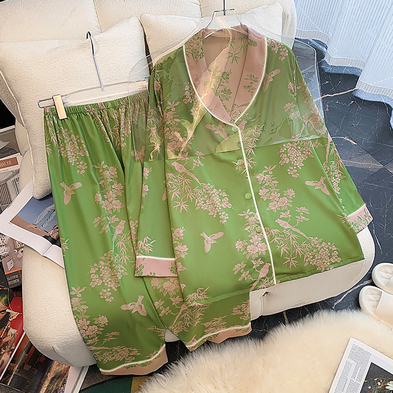Cross-border new home clothing plant flowers high-grade green printed pajamas long sleeve trousers two-piece real shot wholesale