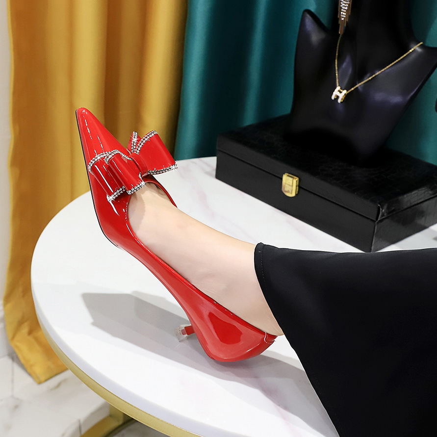 237-H35 Korean Style Fashion Banquet Women's Shoes Fine Heel Mid Heel Shallow Mouth Pointed Patent Leather Rhinestone Bow Women's Single Shoes