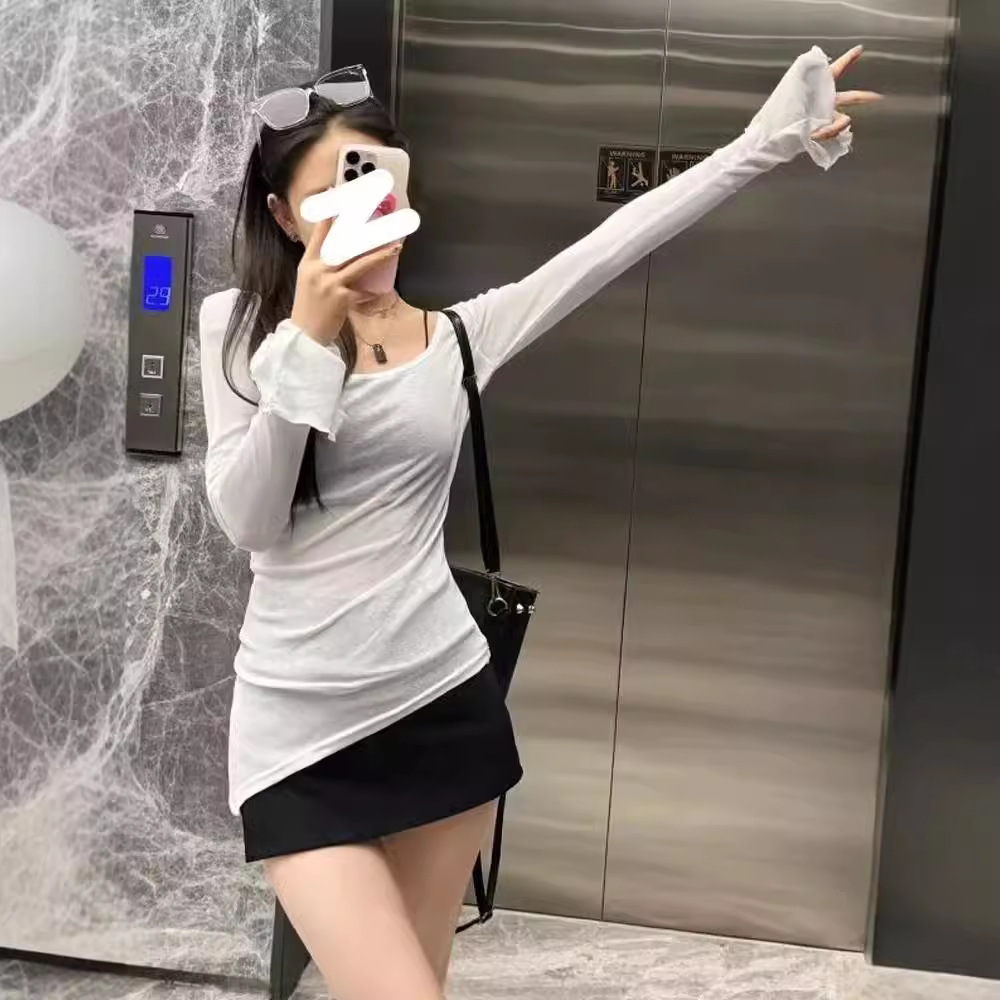 Picture of Pure Desire Hot Girl Sexy Stacked T-shirt Women's Summer Thin Slim-fit Irregular Sun-screen Shirt Beautiful Back suit