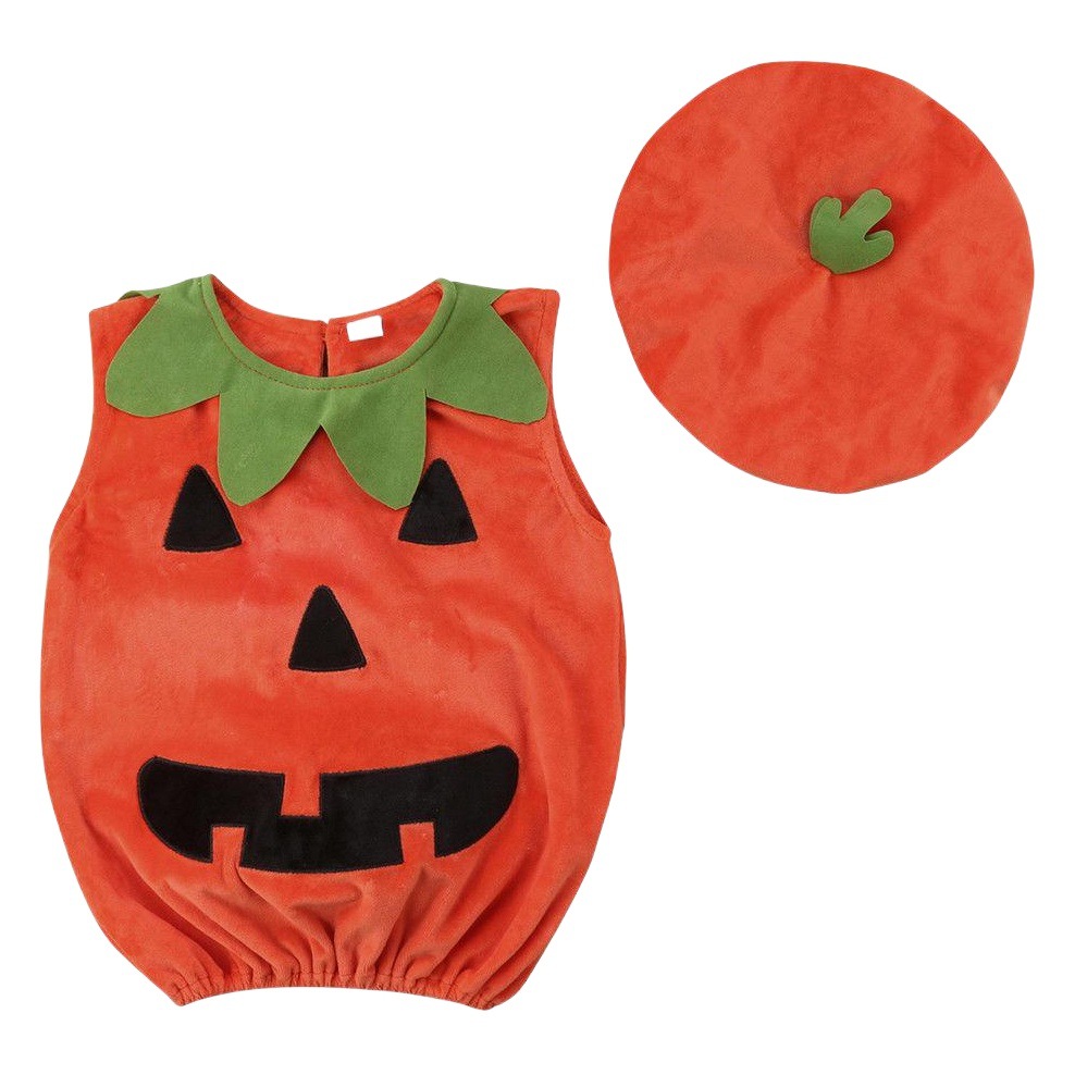 ins New Baby Halloween New Children's Wear Cute Round Neck Sleeveless Pumpkin Hatshirt Clamping Clothes with Hat