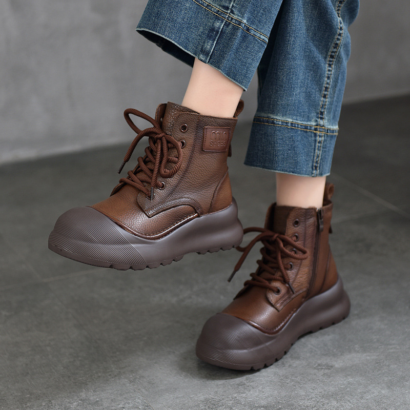 Autumn and Winter Retro Casual First-Layer Cowhide Thick-Soled Lace-Up Boots Autumn and Winter Velvet Cotton Boots Genuine Leather Single Boots
