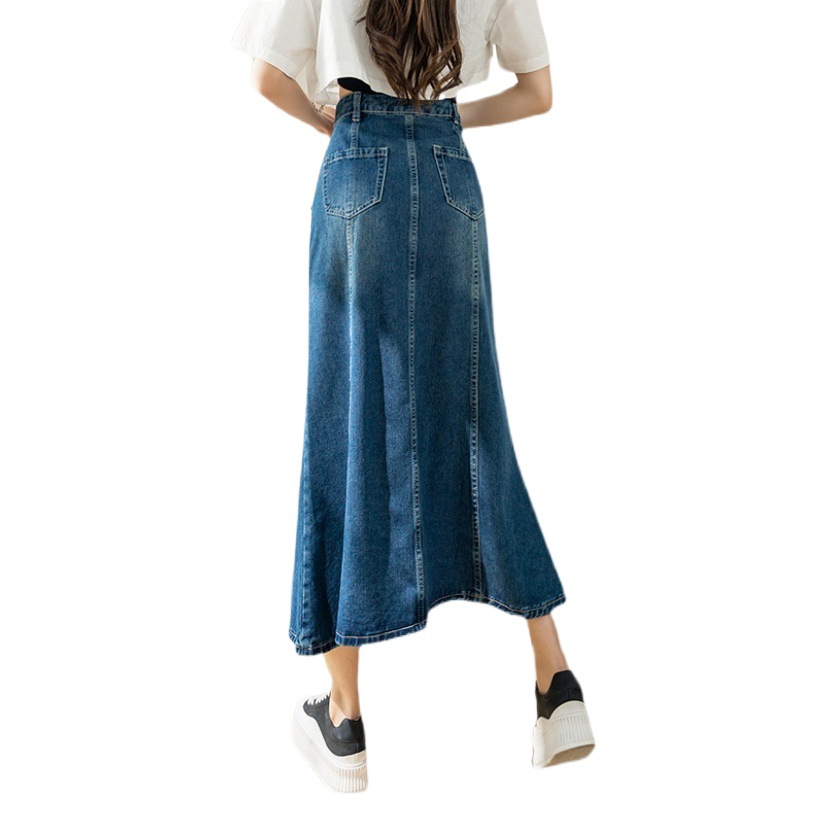 Fishtail Denim Skirt for Women, Spring and Autumn 2025 New Style, Petite Retro High-Waisted Slimming Mid-Length Frayed Skirt