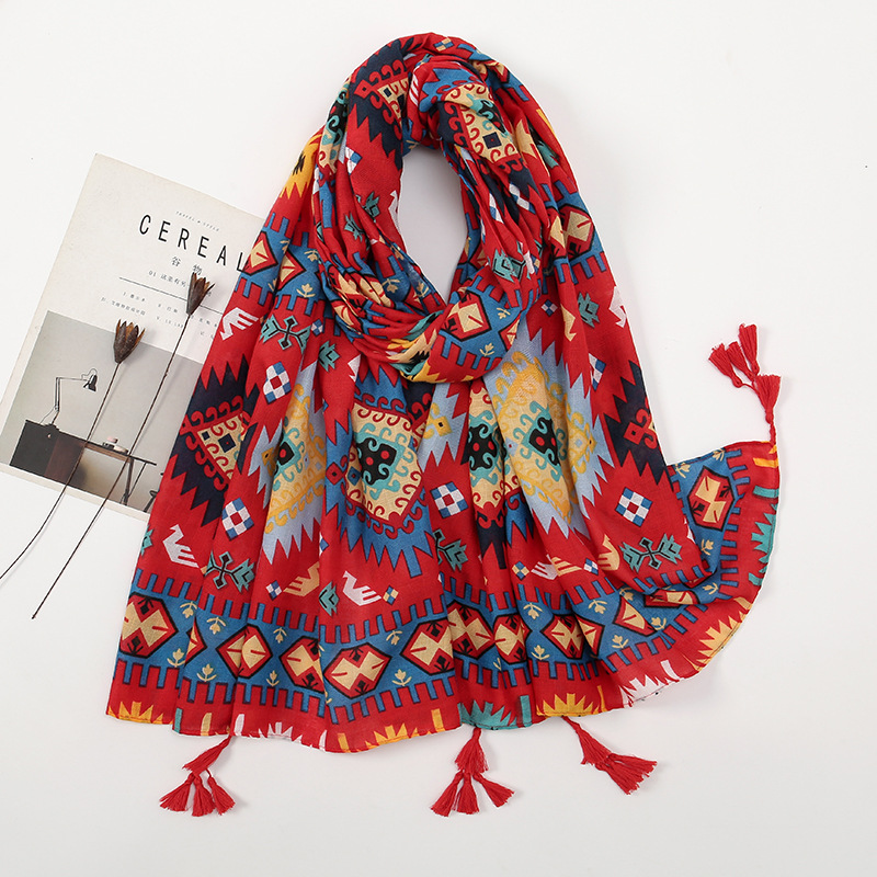 Picture of New Artistic Fresh Cotton and Linen Retro Tassel Scarf Women's Printed Beautiful Silk Scarf Japanese Sunscreen Shawl