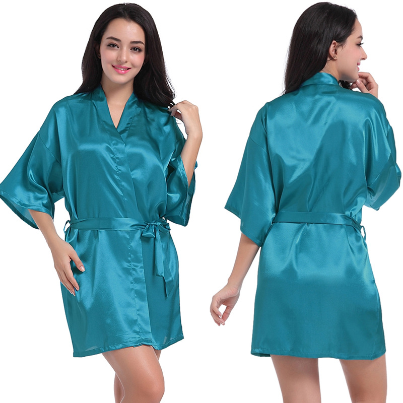 Picture of Amazon Cross-border Women's Twisted Sade Nightgown Bathrobe Solid Color Glow Summer Thin Sexy Short Cardigan Gown