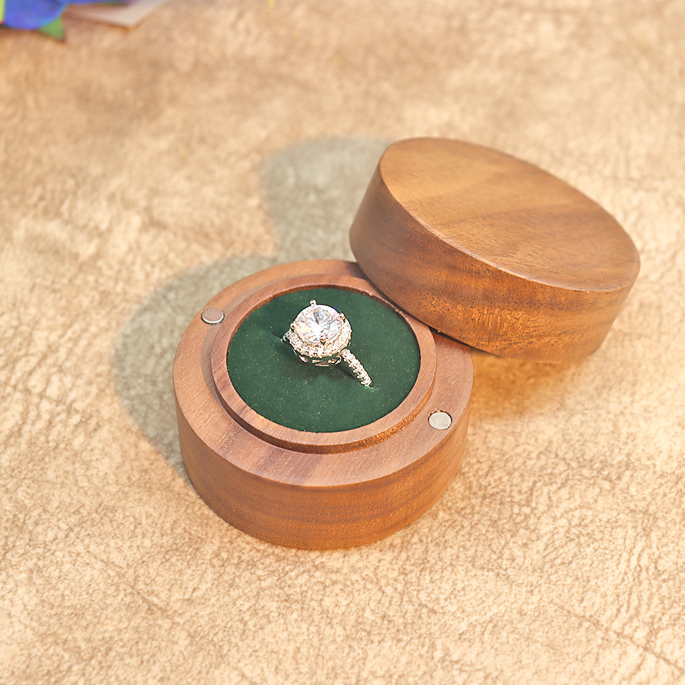 Picture of Jewelry Box Creative Solid Wooden Ring Box Jewelry Storage Box Round Fashion Wooden Black Walnut Gift Box