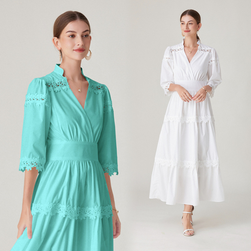 in stock cross-border foreign trade French court retro style 2024 new V-neck sleeve lace stitching design dress