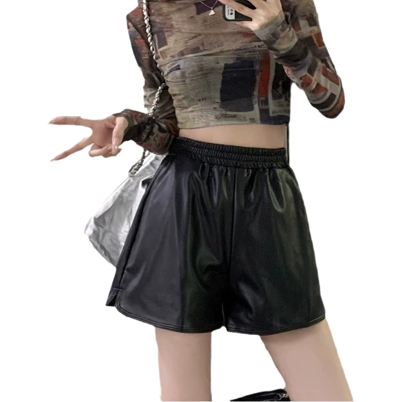 2025 Korean Style Leather Shorts for Girls in Autum New High-Waisted Versatile Pu Leather A-Line Wide-Leg Pants Slim Casual Boot Pants