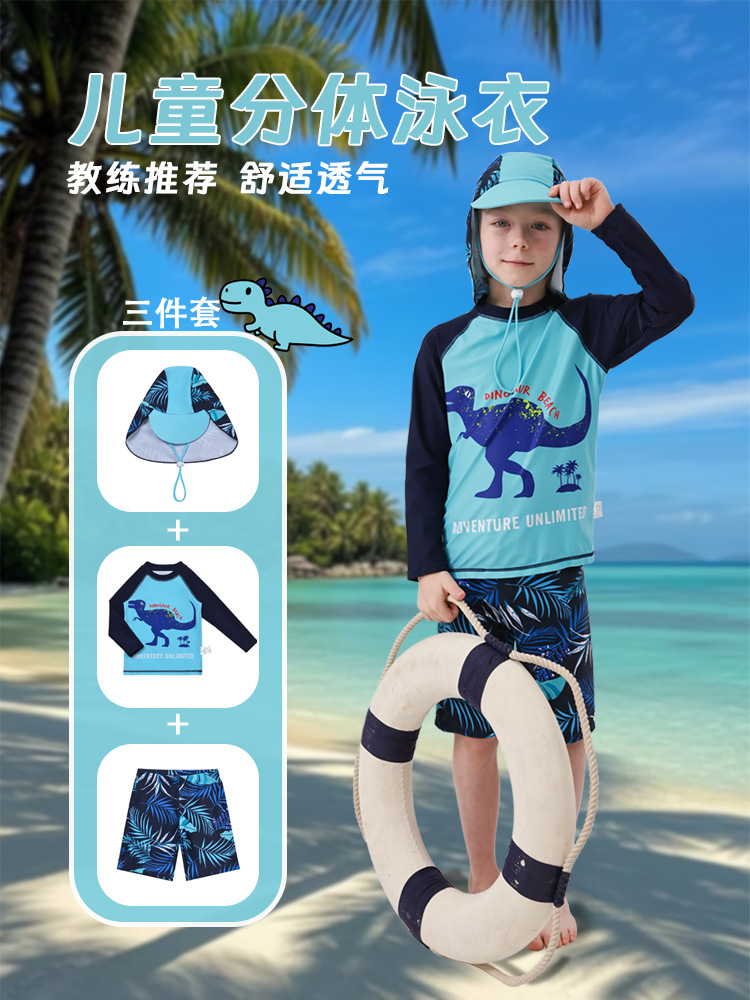 Picture of Cross-border Boy Split Swimsuit Long Sleeve Swim Trunks Hooded Cartoon Dinosaur Surfing Beach Diving Suit suit Combination