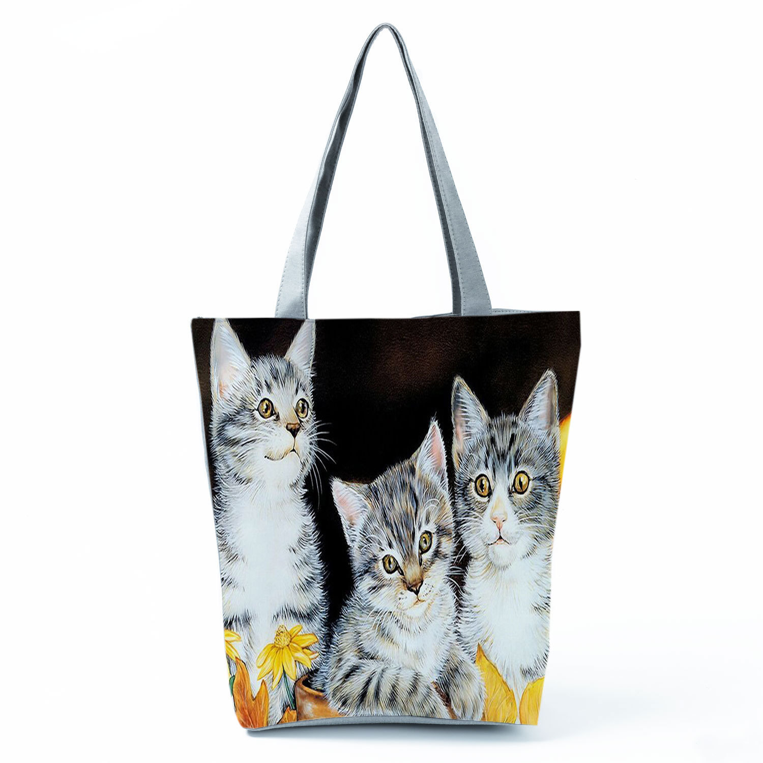 Picture of New cute flower cat printed shoulder bag portable travel storage bag large capacity outdoor tote bag