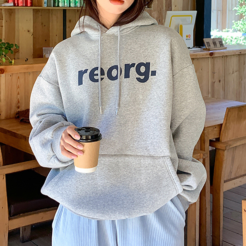 Plush Sweatshirt Women's Letter Print Korean Style New Hooded Jacket Trendy Student Loose Top Foreign Trade Women's Clothing Wholesale