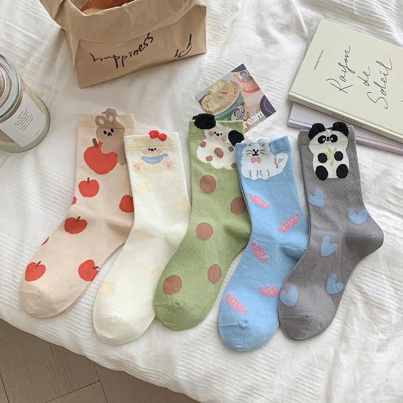 Yuanrunjia Korean style mid-calf socks cute Japanese cotton socks for women ins trendy all-match cartoon couple high-looking socks