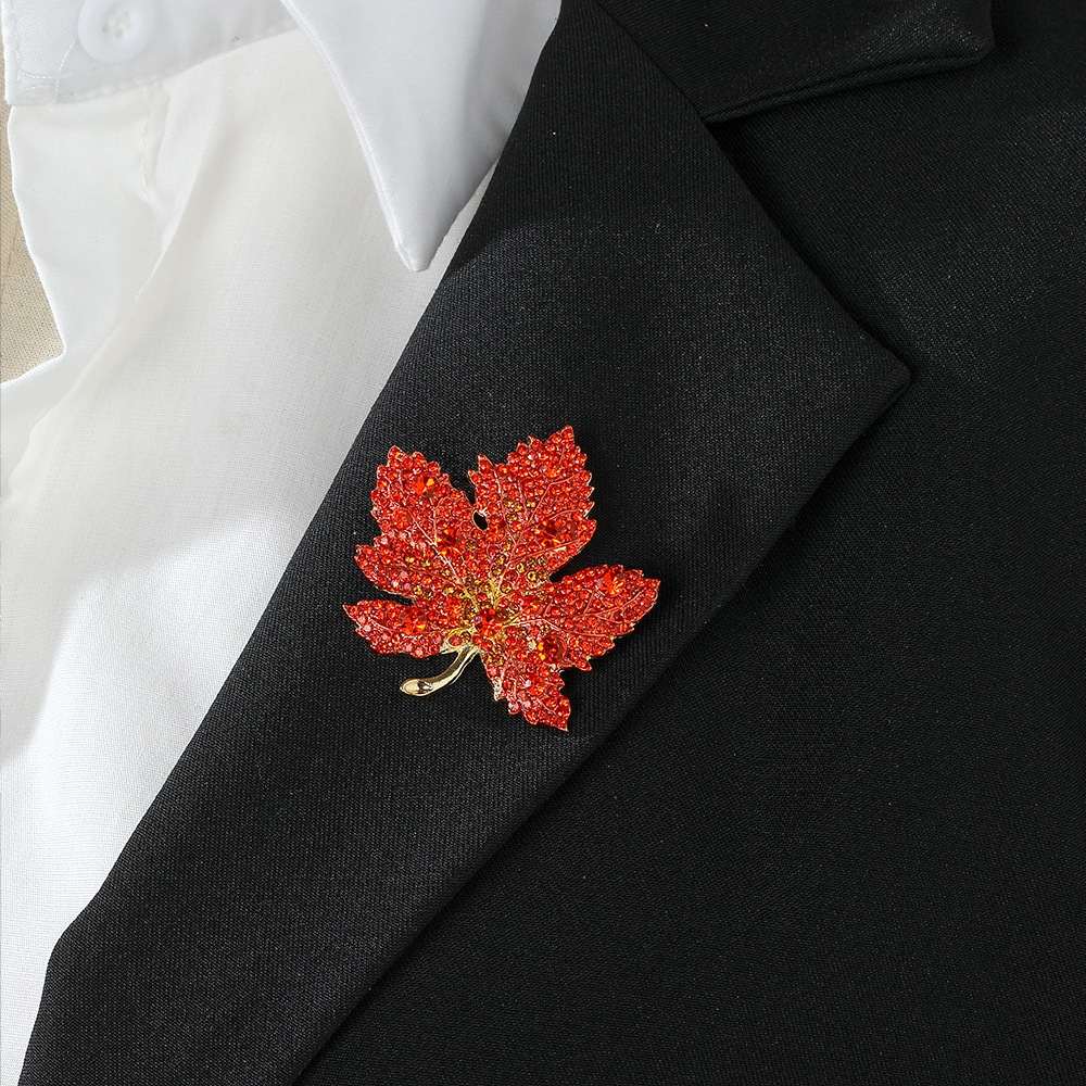 Picture of Cross-border European and American diamond-encrusted gradient red maple leaf brooch vintage design exquisite fashion coat suit pin