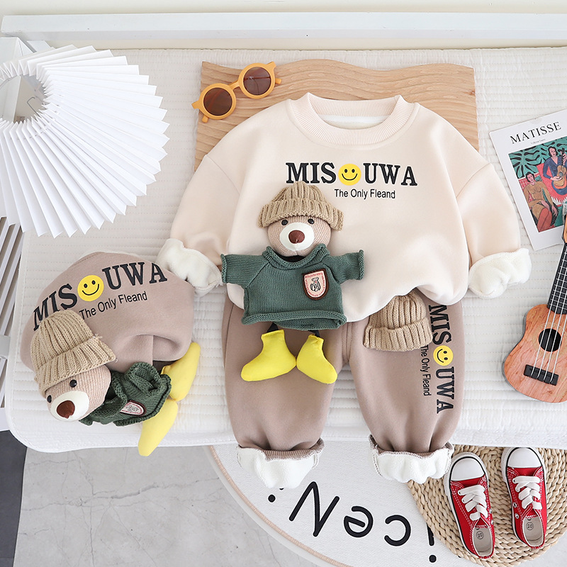 Autumn and winter new fleece three-dimensional doll for boys and girls, long-sleeved suit, baby warm trousers two-piece set