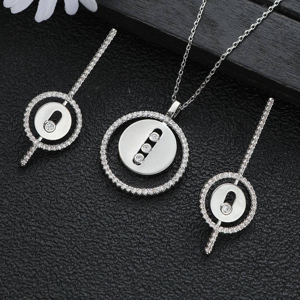 Cross Border alibaba AliExpress Classic Geometric Round Button Round Zircon Turquoise Necklace Long Earrings suit