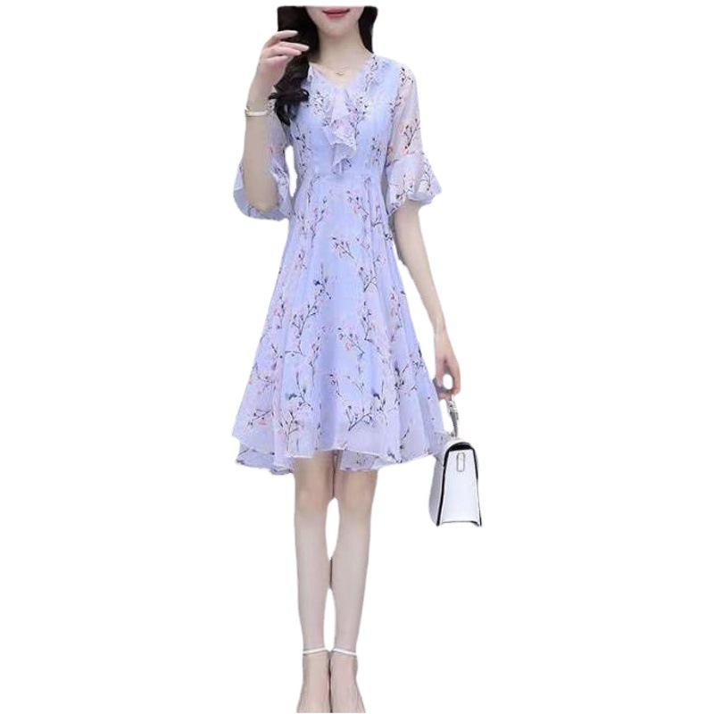 2025 New Summer Fashion Waist Slimming Look Bell Sleeve Floral Skirt Women's Age-Reducing Mid-Length Imitation Cotton Dress