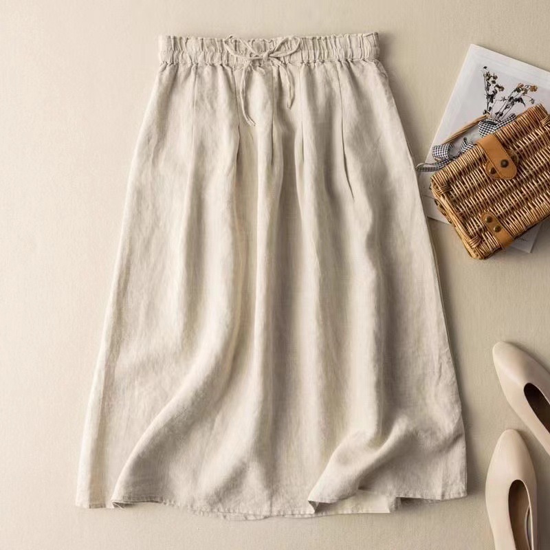 Vintage Skirt Pure Cotton Artistic Vintage Women's Solid Color Slim Look Loose Lace-up Lace-up Waist A- Line Skirt