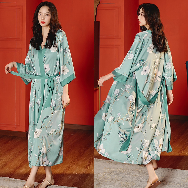 Picture of Yaoting Satin Printed Pajamas for Women Summer Large Size Accessible Luxury Three-Quarter Sleeves Cool Long Nightgown Home Wear Women Wp2669