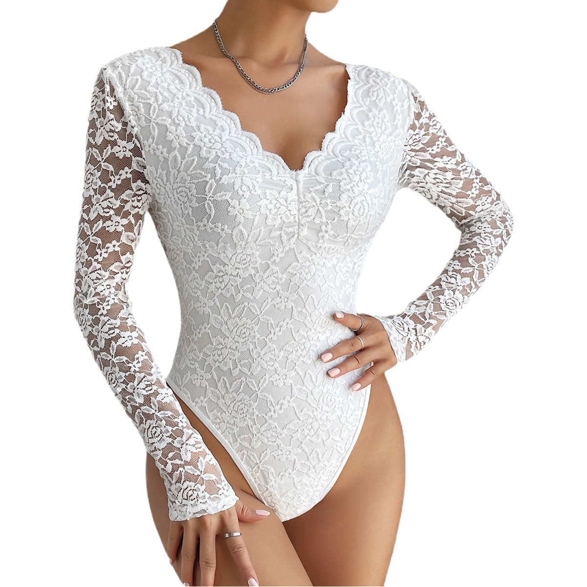 Cross-border foreign trade Amazon hot selling sexy solid color lace long sleeve hot girl perspective slim jumpsuit 10717