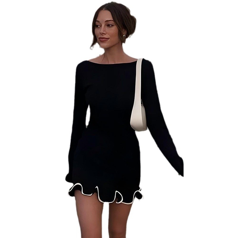 Picture of Cross-border Amazon Autumn and Winter New European and American Women's Elegant Solid Color Round Neck Long Sleeve Slim Fit Ruffled dress Women