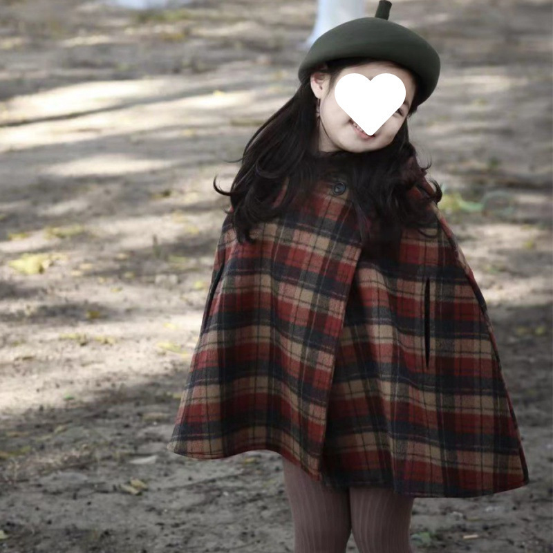 Girls' Coat Pointed Hat Plaid Cotton Thickened Woolen Coat Cloak 2024 Autumn and Winter New Foreign Trade Children's Wear