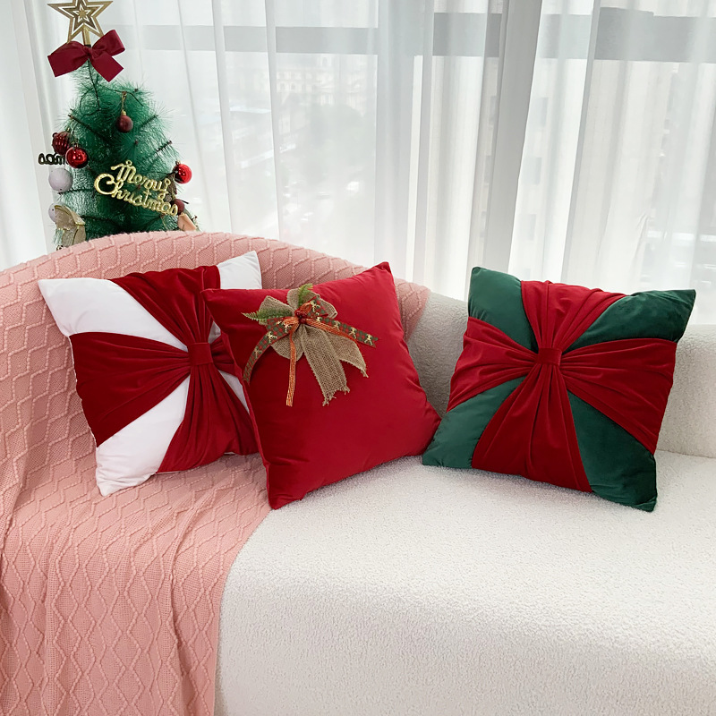 Cross-border Christmas Holiday Decorative Pillow Flannel Bow Sofa Cushion Cover Pillow Cover Living Room Decorative Cushion